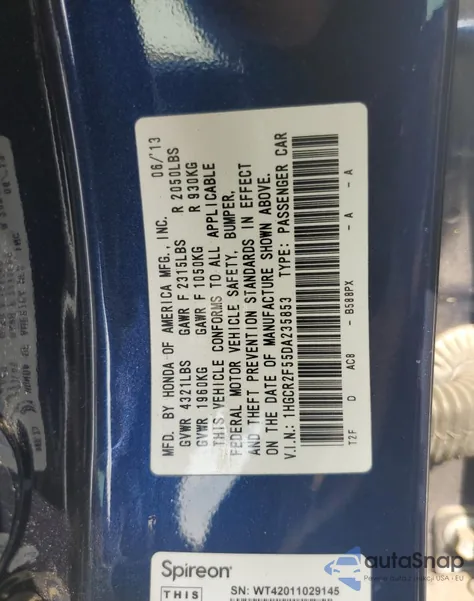 2013 Honda Accord Sport from USA, damaged, VIN 1HGCR2F55DA235853